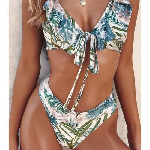 Leaf Print Swimsuit Ruffle Bikini 2021 Biquini Deep V Neck Swimwear Solid Color Bikini Set Beachwear Sexy Bikinis Women Bathing