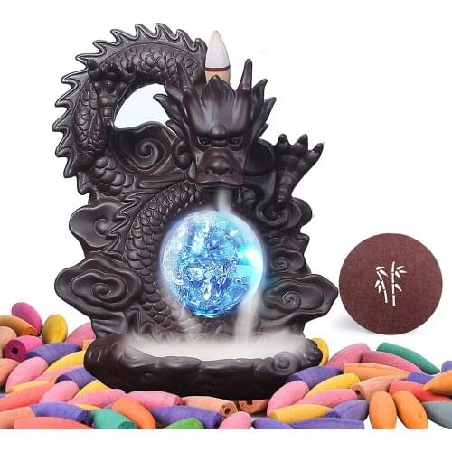 Smoking Dragon Backflow Incense Burner Waterfall Incense Holder Censer With Colorful Led Crystal Ball Incense Stick Home Decor