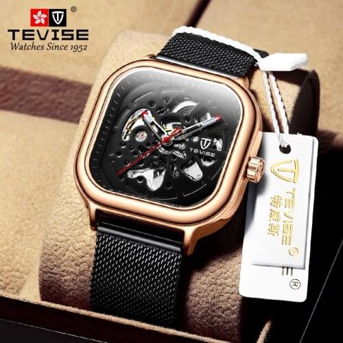 TEVISE Mens Watch Square Watches Mesh And Leather Band Luminous Hands Wristwatches Automatic Mechanical Watches Dropshipping