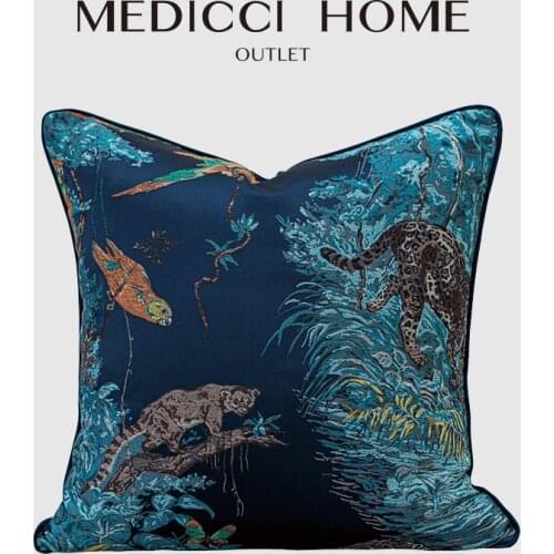 Medicci Home Luxury Cushion Cover American Style Blue Jungle Leopard Jacquard Accent Throw Pillow Cases Living Room Bench Sofa