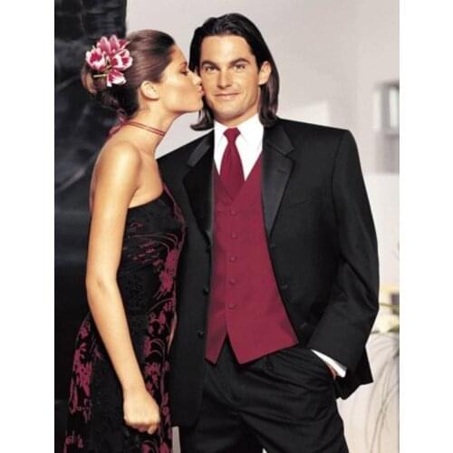 2015 New Arrival Custom Made Black Groom Mens Tuxedo Suits With Scarlet Vest,Bespoke Black Tuxedo,Tailored Lapel Mens Suits