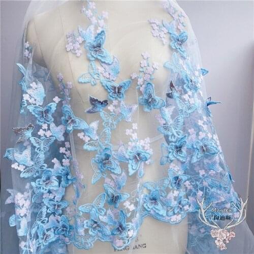 New Sky Blue Gold Thread Embroidery Three-dimensional Decal Butterfly Lace Fabric Skirt Decoration Accessories