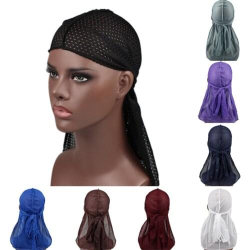 Unisex Long Mesh Breathable Bandana Hat Men Women Durag Long Tail Headwrap Chemo Cap Solid Color Headwear