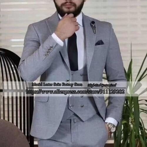 Spring Grey Wedding Tuxedos Blazer Custom Made Peaked Lapel Jacket+Double Breasted Vest+Pants Slim Fit Men Suits Male Fashion
