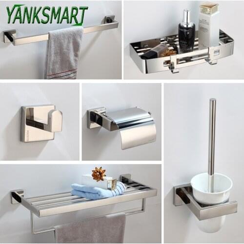 YANKSMART Chrome Brushed Bathroom Hardware Accessories Set 304 Stainless Steel Toilet Paper Toilet Brush Wall Mounted Combo Kit