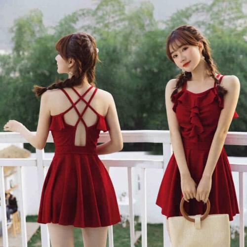 2021 New Korean Version Lotus Leaf Trim Cross Double Shoulder Straps Beautiful Back Waist Pleated Skirt Sweet And Fresh Swimsuit