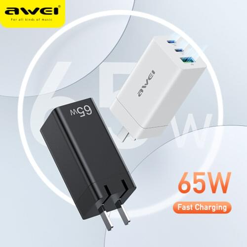 Awei 65W GaN Charger Type C PD USB Charger Fast Charger EU Plug QC 4.0 3.0 Quick Charge For iPhone Huawei Power Adapter PD9