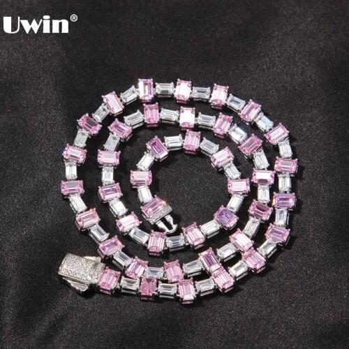 UWIN 6.5mm Baguette CZ Chain Necklaces for Women Pink/Silver Color Cubic Zirconia Necklace Micro Paved Fashion Hip Hop Jewelry