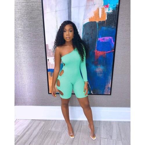 Echoine Ribbed Off Shoulder One Sleeve One Shoulder Playsuit Sexy Skinny Hollow Out Jumpsuit Fitness Streetwear Summer Bodysuit