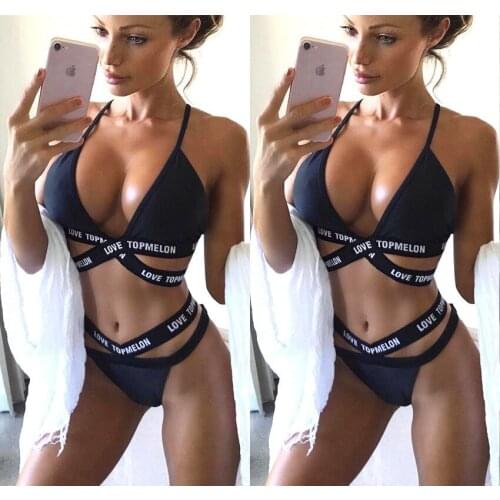 Women Sexy Black Bikini Swimwear Letter Printed Bandage G-string Swimming Set Hollow Out Beach Wear