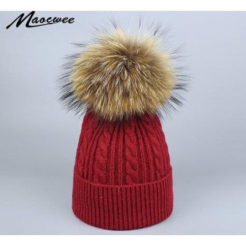 Winter Real Fur Pompons Skullies Beanies Hat For Women Girls Wool Knitted Thick Cap To Keep Warm Outdoor Pom Crochet Slouch Hats