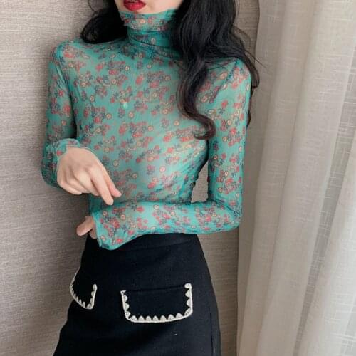 2020 New Perspective Tee Fashion Sexy Turtleneck Long Sleeved Bottoming T Shirt Sweet Floral Print Tops