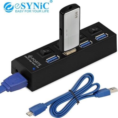 ESYNiC 4 Port Hub USB 3.0 2.0 Multi Splitter High Speed Adater Cable With Switch For Desktop Laptop PC Mac Charging Bus USB Hub