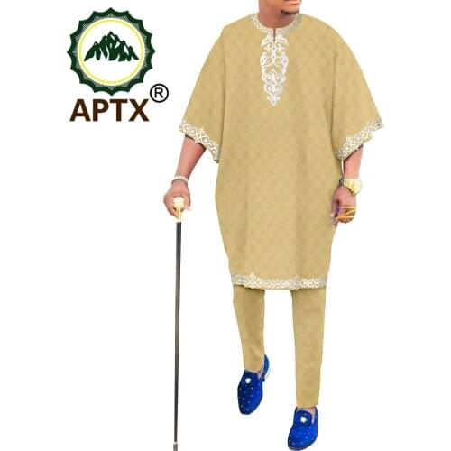 African Traditional Clothing for Men Dashiki Embroidered Shirts and Ankara Pants 2 Piece for Wedding Bazin Riche TA2116022