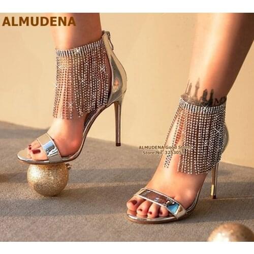ALMUDENA Silver Crystal Fringe Bling Bling Sandals Concise Strap Rhinestone Tassel Wedding Shoes Size43 Thin Heel Glitter Pumps