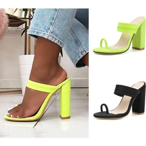Carpaton Hot Selling Thick Heels Woman Shoes 2019 Shiny Green Cutouts High Heel Slides Summer Sexy Sandal 35-40