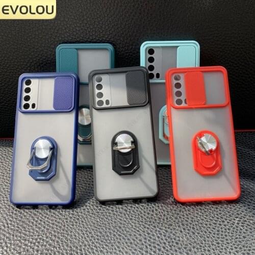 Slide Camera Lens Protection Case for Huawei P Smart 2021 Stand Ring Holder Back Cover for Huawei Y7A Y9A Matte Back Cover Capa