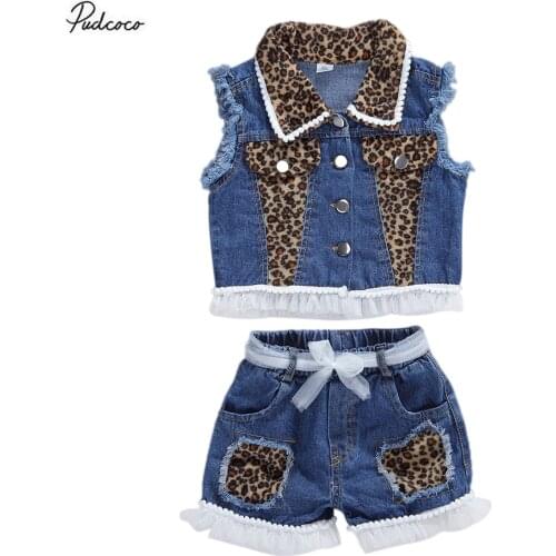 2020 Baby Summer Clothing Girls Denim 2Pcs Set Fashion Leopard Lapel Single-breasted Vest Top Elastic Waist Lacy Ripped Shorts