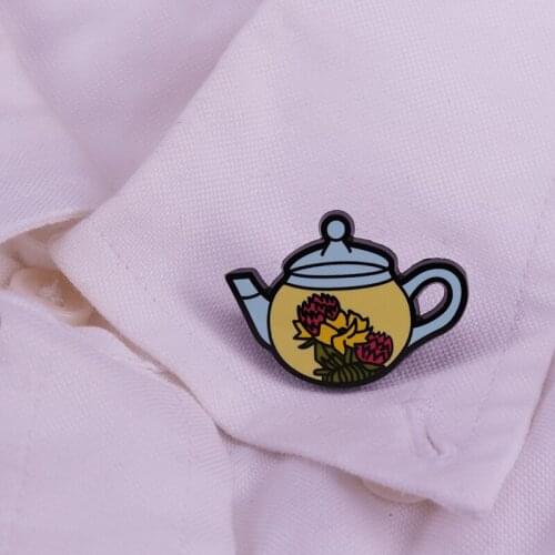 Teapot With Flower Enamel Pin Pretty Tea Set Brooch For Tea Lover Skirt Scarf Lapel Badge