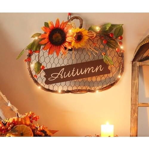 Halloween Garland Rattan Wreath Artificial Flowers Home Decorations Sunflower Iron Mesh Wooden Sign Simulation Glowing Garland