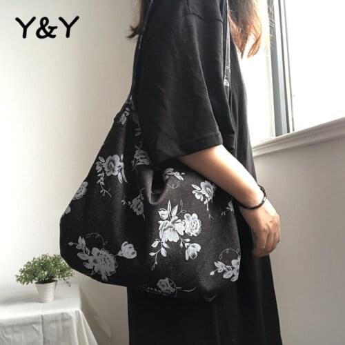 Y&Y Ins Retro Lazy Style Imported Denim Fabric Round Corner Bag Underarm Bag Rose Print Handbag Female Shoulder Bag