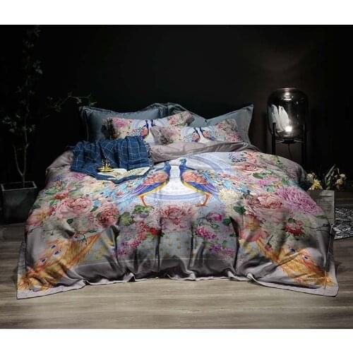 Chinoiserie Chic Vintage Peacock Bird Blossom Decor Duvet Cover Silky Soft Satin and Cotton 4Pcs Bedding Set Bedsheet Pillowcase