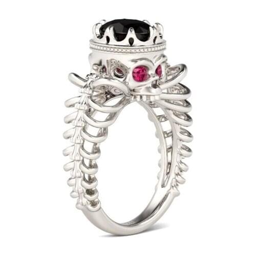 Hainon Fashion Skull Womens Ring Silver Color Punk Rock Rings Charm Female Black Stone Crystal Finger Ring Jewelry