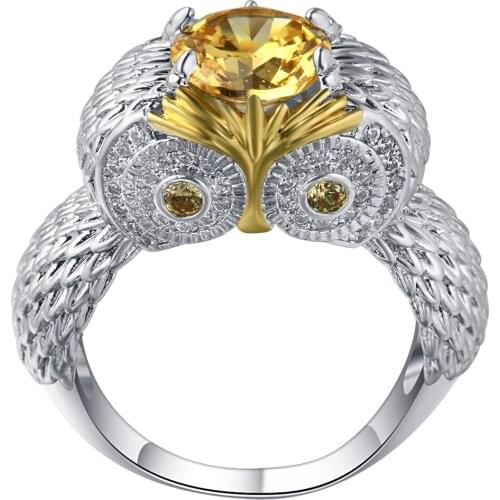 S925 MALL Silver color Champagne CZ Cute Owl Stackable Finger Ring for Woman Wedding Engagement Jewelry