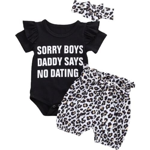 3Pcs Newborn Baby Girls Outfits Set Letter Printed Romper Short Sleeve Top+Leopard Short Pant+Headband Clothes Sets 6-24Months