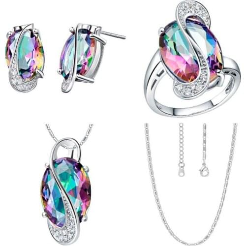 Fashion Women Rainbow Faux Topaz Pendant Necklace Earrings Ring Jewelry Set