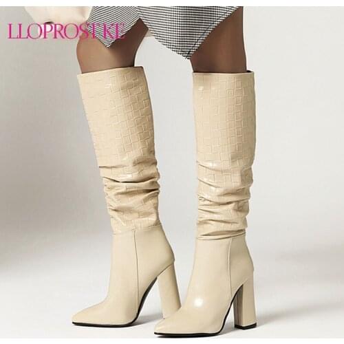Lasyarrow Super High Thick Heel Pointed Toe Pleated Knee-High Boots Women Winter Warm Western boots Plus Size 34-43 Women Shoes