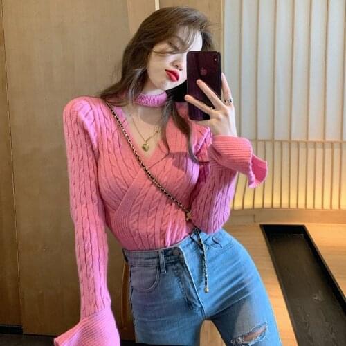 Sweet Halter V-neck Hollow Out Sweaters for Women Knitted Slim Crop Top Ladies Fashion Autumn Winter Pullovers Korean Style New