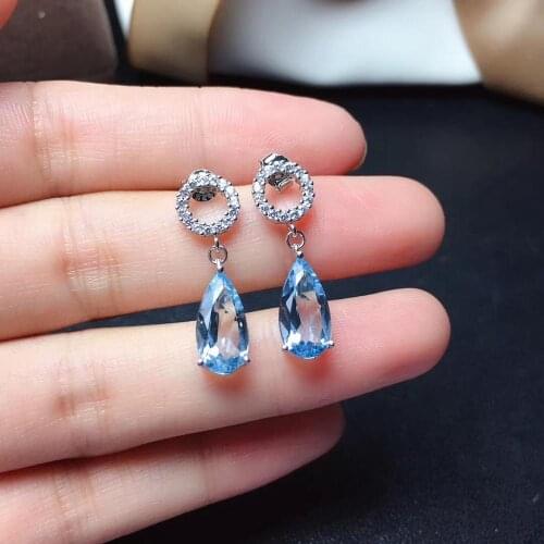 Fashion grace round water drop natural blue topaz drop earrings Natural gemstone earrings 925 silver girl party gift jewelry