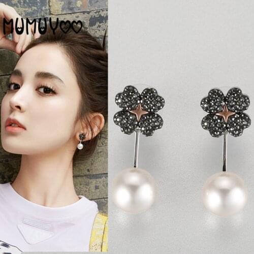 High quality SWA new product fashion simple charm black four-leaf clover pearl female earrings A dual-use flower crystal earring