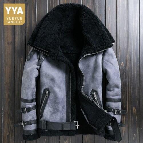 Men Double Collar Shearling Biker Jacket Vintage Sashes Motorcycle Genuine Leather Coat Winter Thick Military Outerwear Oversize