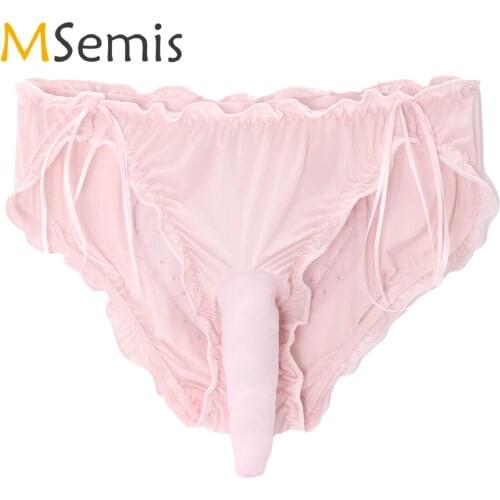 Mens Lingerie See-through Sissy Underwear Low Waist Mesh Heart Shaped Back Underpants Bulge Pouch Ruffles Bowknot Decor Briefs