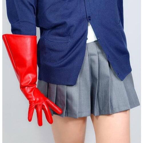 Womens fashion wide sleeve pu leather glove ladys club performance formal party leather red long glove 38cm R2470
