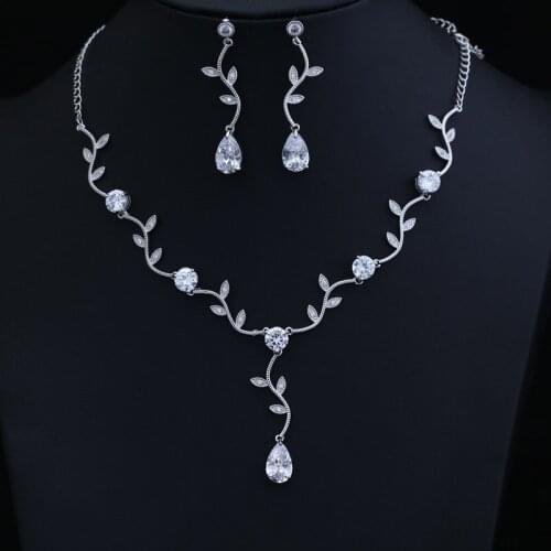 Luxury white gold-color Elegant Shape Bridal Cubic Zirconia Necklace Earrings Sets Big Wedding Jewelry Sets For Women