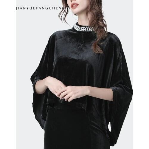 Luxury Pearls Beaded Black Velour Blouse Autumn Winter New Bat Sleeved Loose Plus Size Cape Type Ladies Tops Vinrtage Ladylike