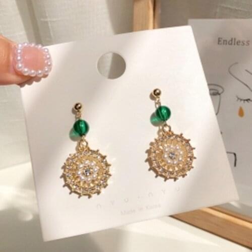 S925 Needle Retro Flower Pearl Earrings Green Round Beads Rhinestone Wheels Hollow Pearl Earrings Female Jewelry
