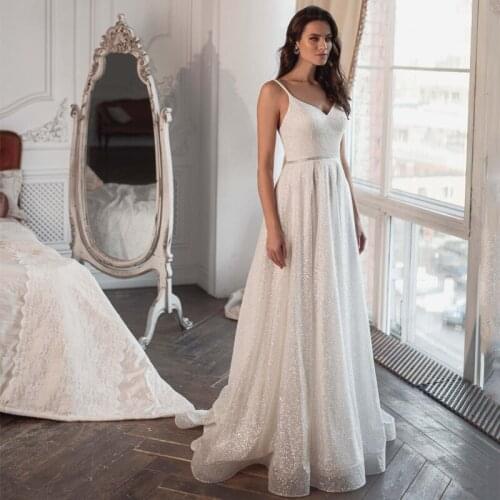Eightree Silver Glitter Beach Wedding Dresses Spaghetti Straps Backless A-Line Bridal Gowns Zipper Back Simple Long Bride Dress