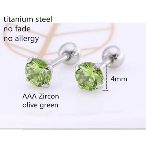 Titanium 316L Stainless Steel Screw Stud Earrings With 4mm Olive Green AAA Zircon No Fade Allergy Free