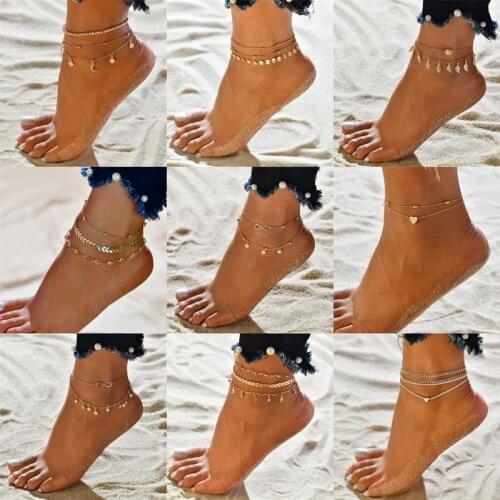 Modyle 2020 Gold Color Women Anklets Simple Heart Barefoot Crochet Sandals Foot Jewelry Two Layer Foot Legs Bracelet Anklets