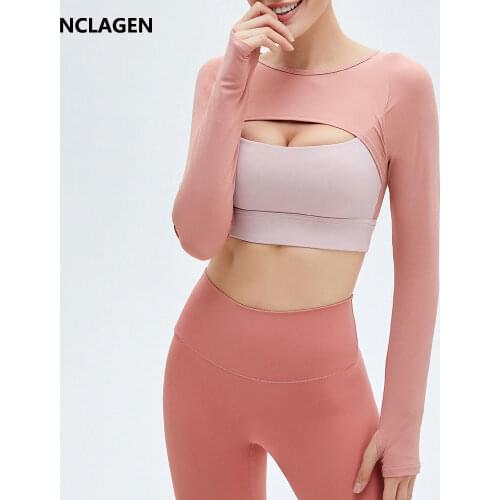 NCLAGEN Yoga blouse autumn and winter womens long sleeved sexy hollow out running top with breast pad fake two Fitness T-shirt
