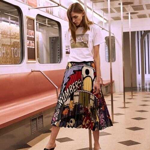 2019 Summer Fashion Cartoon Pattern Skirt Womens High Waist A-Line Skirts Pleated Skirt Harajuku