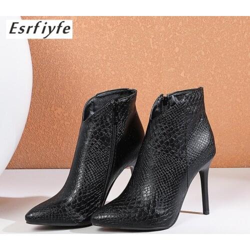 ESRFIYFE Women Ankle Boots Thin High Heels Snake Print Short Boots 2020 New Autumn Winter Pointed Toe Stiletto Fall Shoes Python