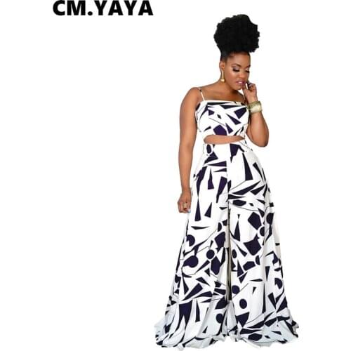 CM.YAYA Women Set Print Sleeveless Strap Slash Neck Crop Tops Empire Loose Wide Leg Pants Two 2 Piece Set Fashion Outfit Summer