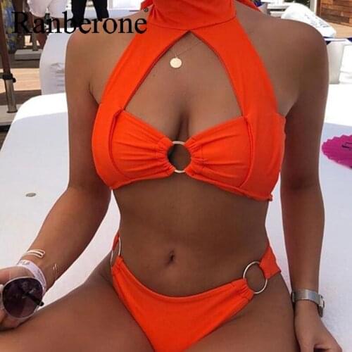 Ranberone Backless Swimwear Women Push Up Bathing Suit Sexy 2021 LowWaist Bodysuit Hollow Out Solid Color Bikini Brazilian Set