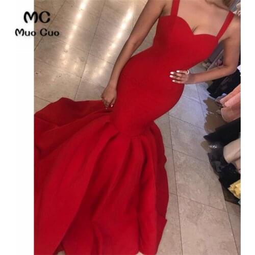 Women 2020 Red Mermaid Evening Dresses Long Spaghetti Straps Sweetheart Lace Up Back Elastic Satin Evening Gowns Prom Dress
