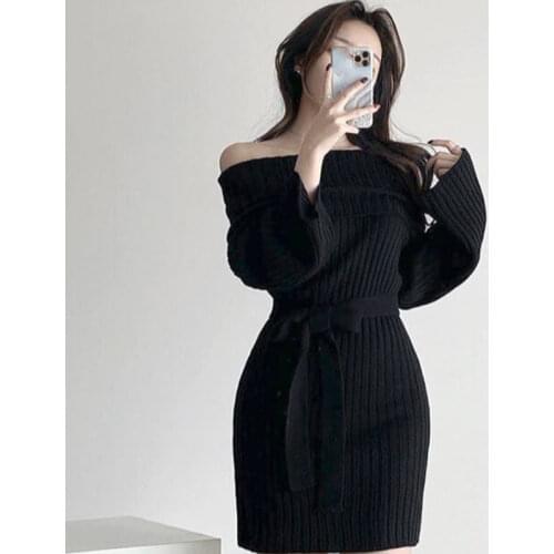 Korea Chic Sexy Fold Slash Neck Sweater Dress Long Sleeve Mini Knitted Dresses Bandage Slim Waist Women Vestidos